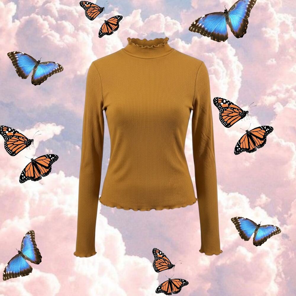 Active USA Lettuce Hem Yellow Long Sleeve Mock Neck Tee
